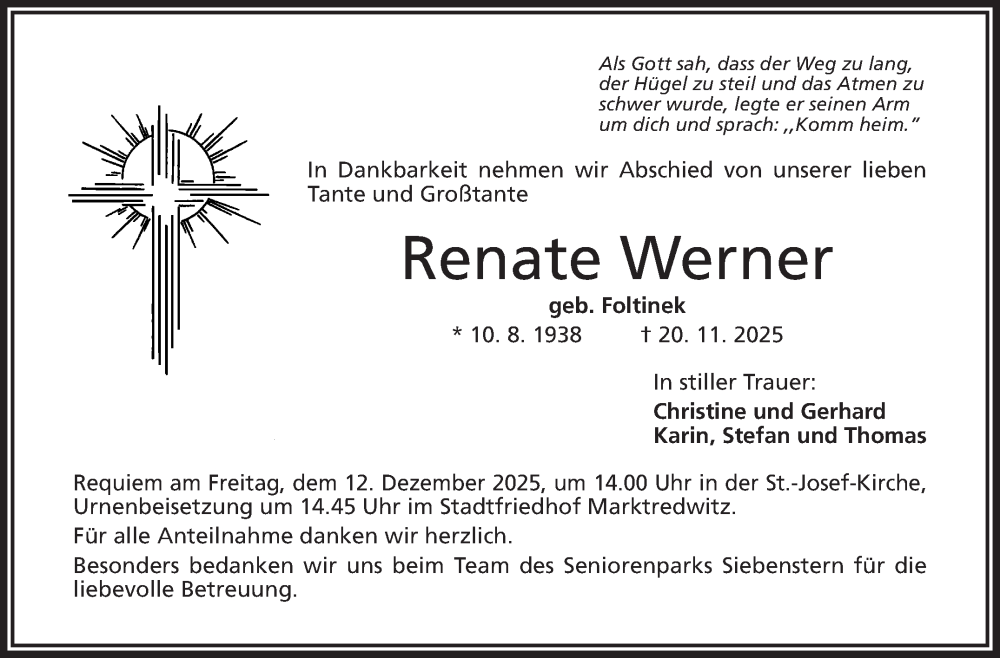  Traueranzeige für Renate Werner vom 06.12.2025 aus Frankenpost