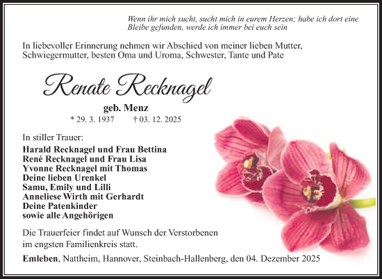 Traueranzeige von Rentate Recknagel von Südthüringer Presse