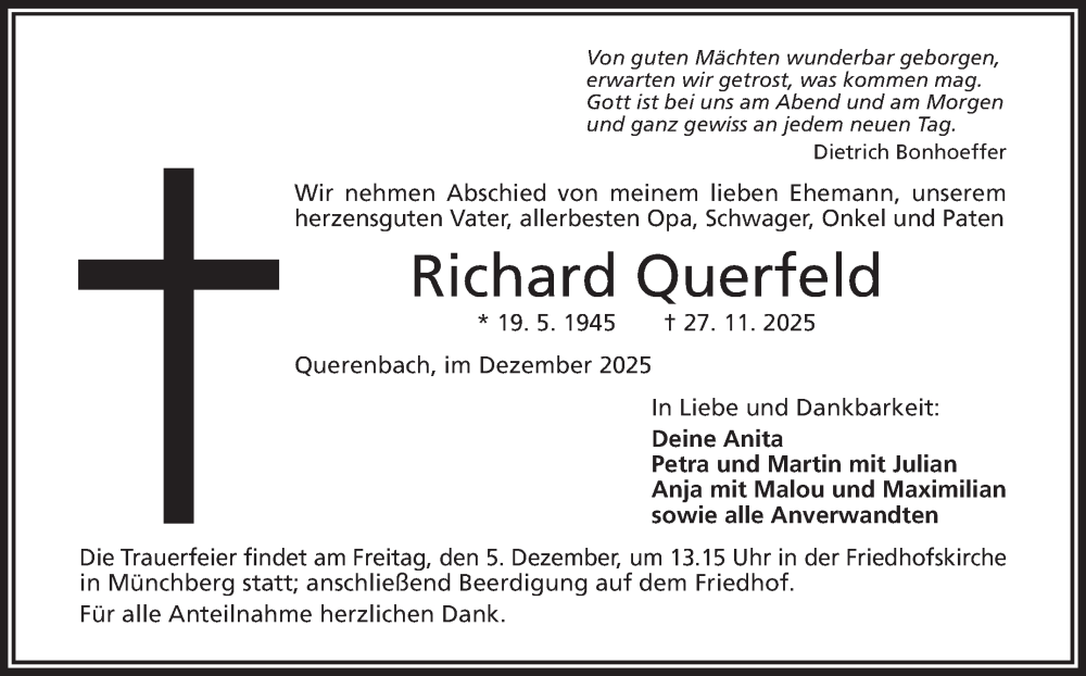  Traueranzeige für Richard Querfeld vom 04.12.2025 aus Frankenpost