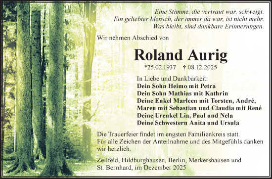 Traueranzeige von Roland Aurig von Südthüringer Presse