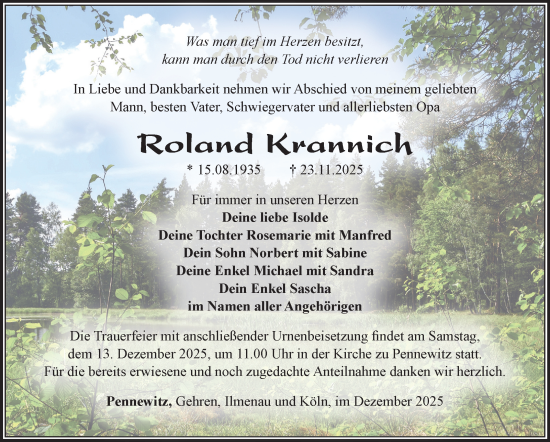 Traueranzeige von Roland Krannich von Südthüringer Presse