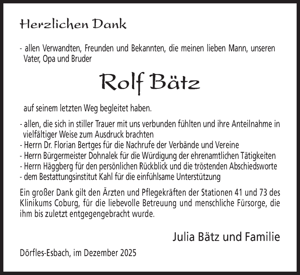  Traueranzeige für Rolf Bätz vom 20.12.2025 aus Neue Presse Coburg