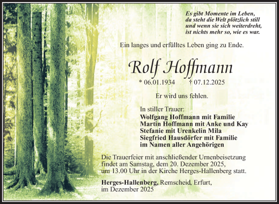 Traueranzeige von Rolf Hoffmann von Südthüringer Presse