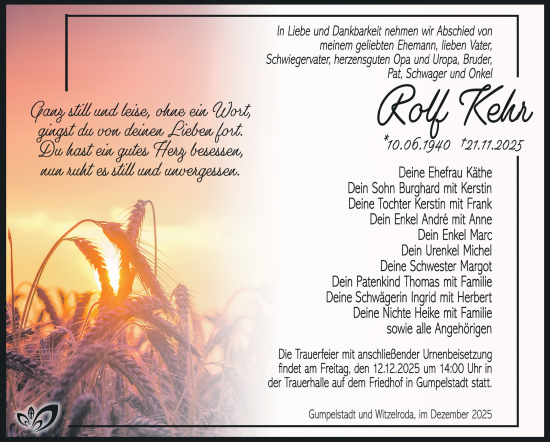 Traueranzeige von Rolf Kehr von Südthüringer Presse