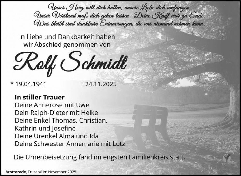  Traueranzeige für Rolf Schmidt vom 20.12.2025 aus Südthüringer Presse