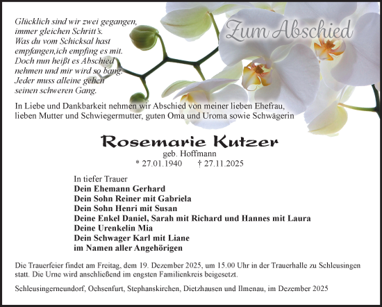 Traueranzeige von Rosemarie Kutzer von Südthüringer Presse