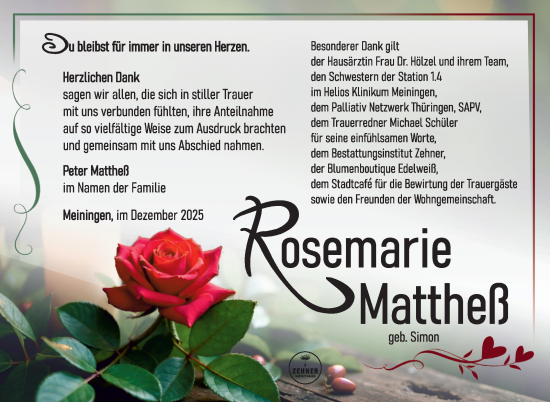 Traueranzeige von Rosemarie Mattheß von Südthüringer Presse
