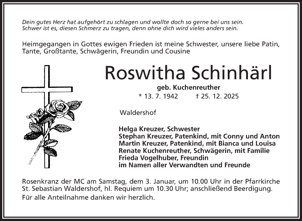  Traueranzeige für Roswitha Schinhärl vom 31.12.2025 aus Frankenpost