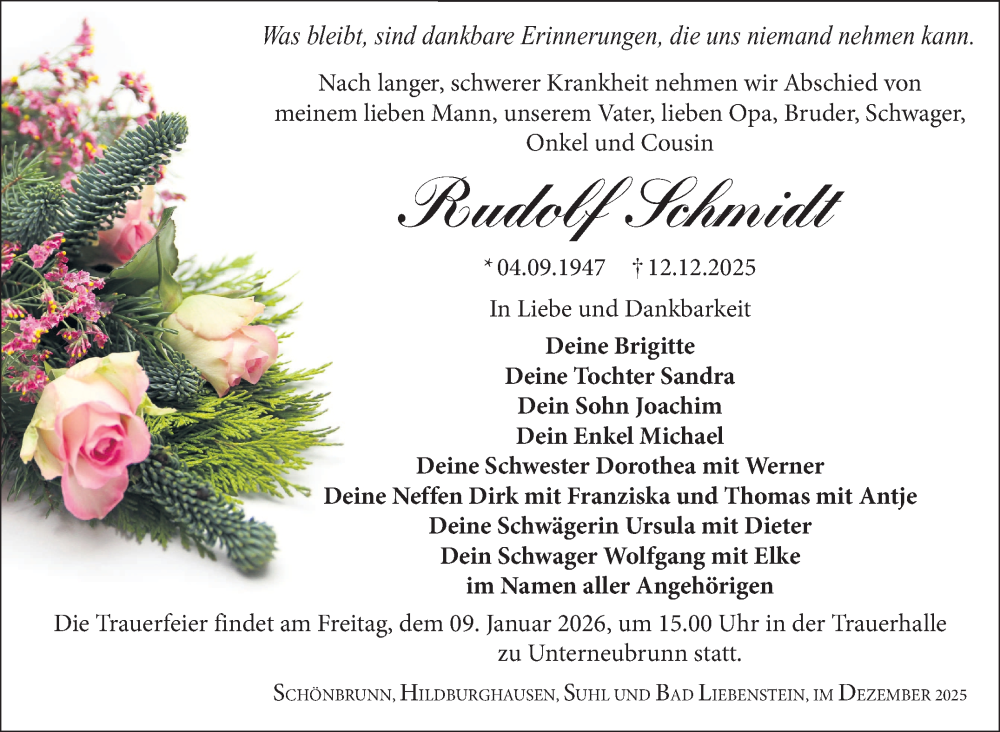  Traueranzeige für Rudolf Schmidt vom 27.12.2025 aus Südthüringer Presse
