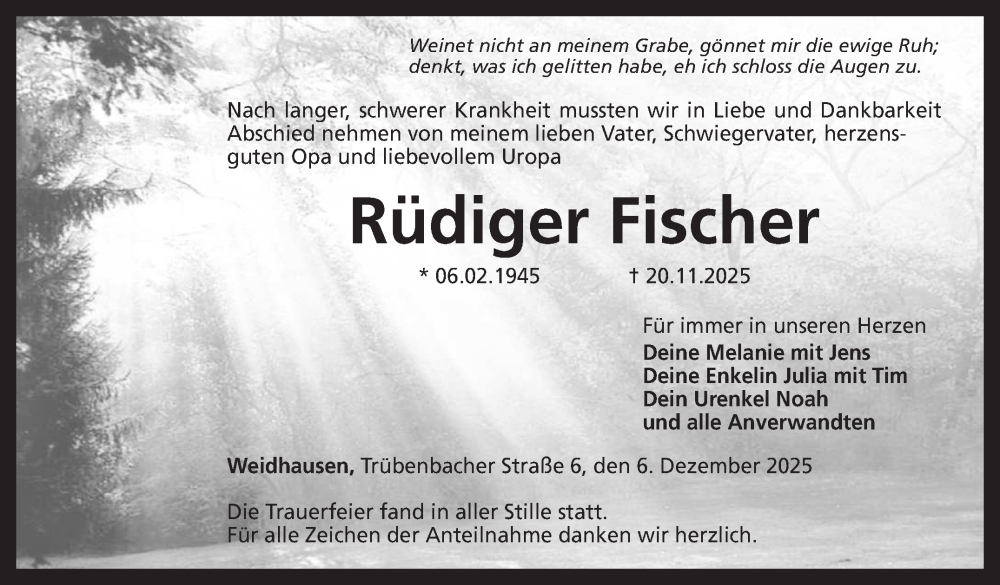  Traueranzeige für Rüdiger Fischer vom 06.12.2025 aus Neue Presse Coburg