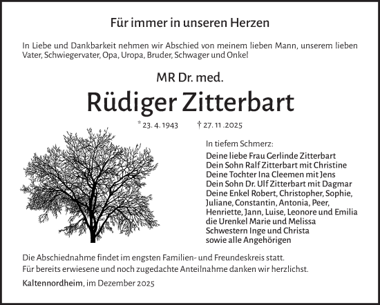 Traueranzeige von Rüdiger Zitterbart von Südthüringer Presse