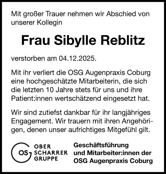 Traueranzeige von Sibylle Reblitz von Neue Presse Coburg