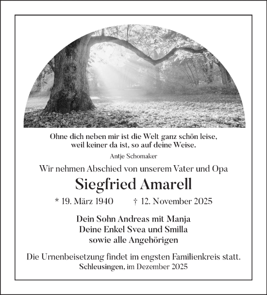 Traueranzeige von Siegfried Amarell von Südthüringer Presse
