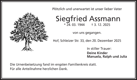 Traueranzeige von Siegfried Assmann von Frankenpost