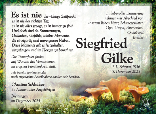 Traueranzeige von Siegfried Gilke von Südthüringer Presse