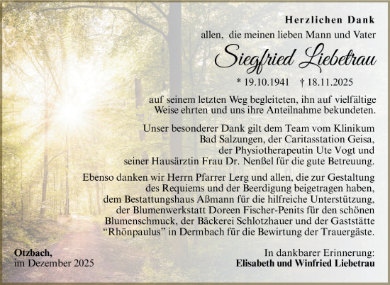 Traueranzeige von Siegfried Liebetrau von Südthüringer Presse