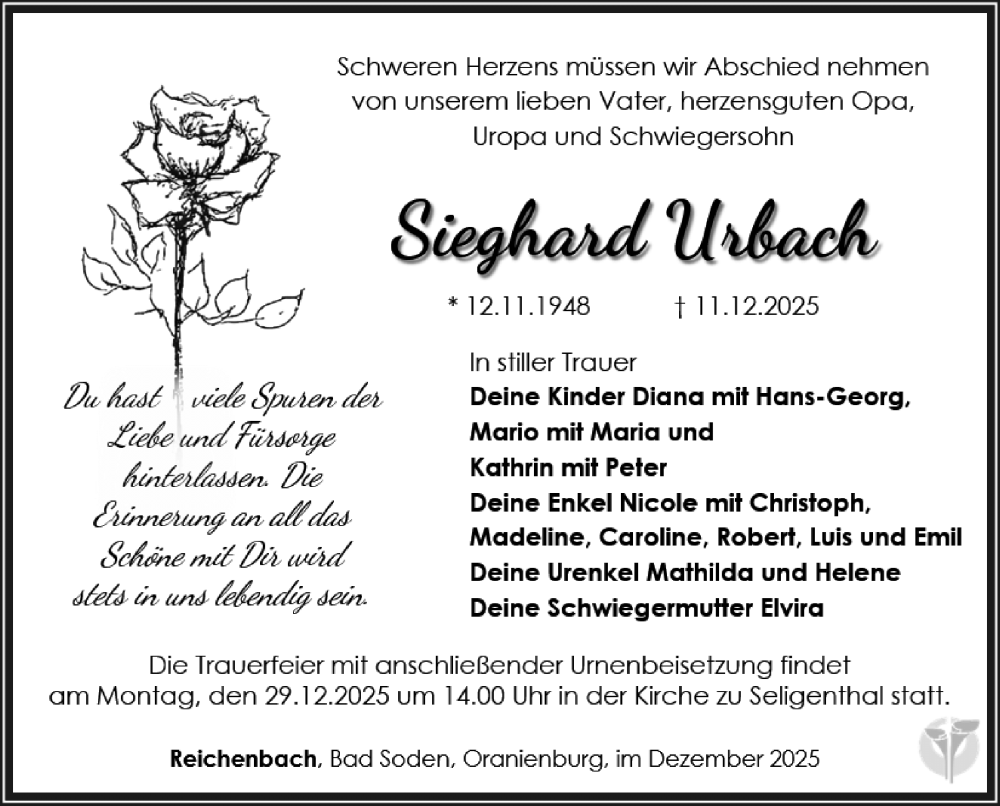  Traueranzeige für Sieghard Urbach vom 20.12.2025 aus Südthüringer Presse