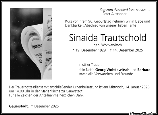 Traueranzeige von Sinaida Trautschold von Neue Presse Coburg