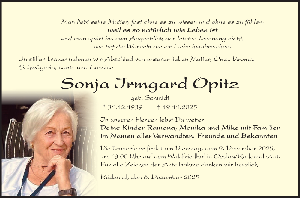 Traueranzeige für Sonja Irmgard Opitz vom 06.12.2025 aus Südthüringer Presse
