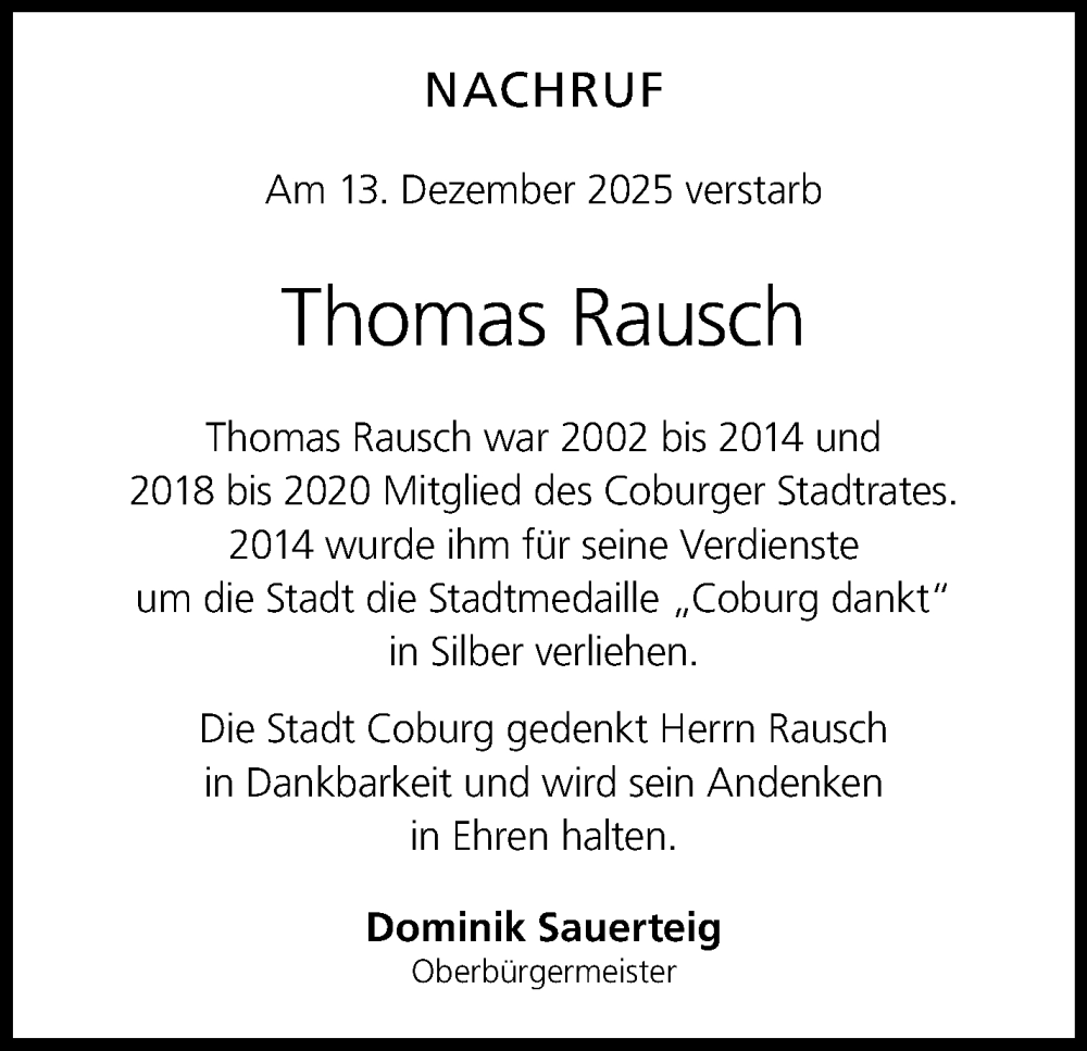  Traueranzeige für Thomas Rausch vom 23.12.2025 aus Neue Presse Coburg