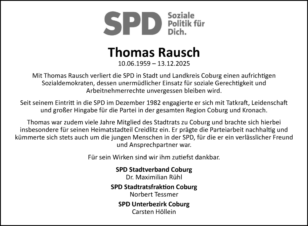  Traueranzeige für Thomas Rausch vom 23.12.2025 aus Neue Presse Coburg