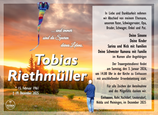 Traueranzeige von Tobias Riethmüller von Südthüringer Presse