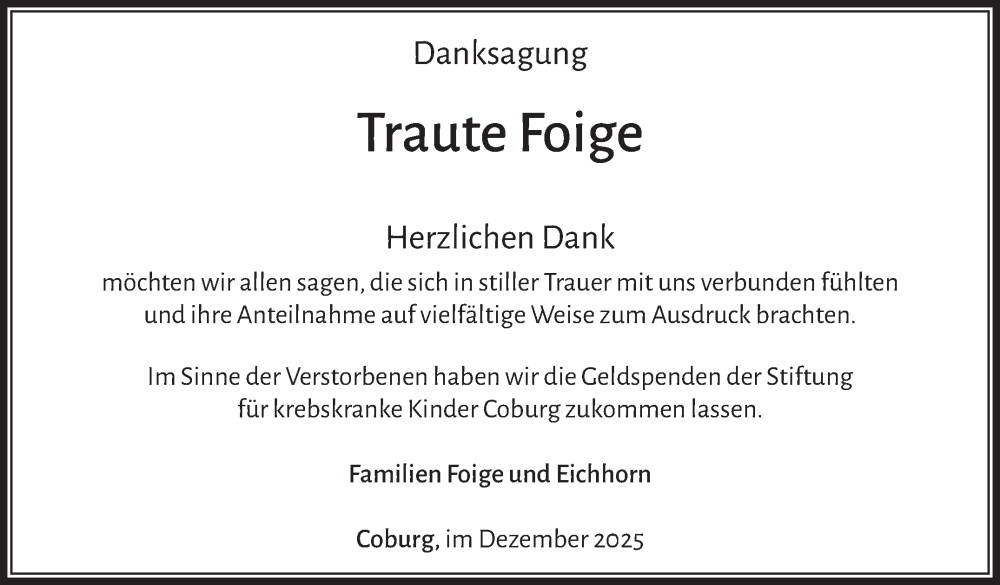  Traueranzeige für Traute Foige vom 20.12.2025 aus Neue Presse Coburg