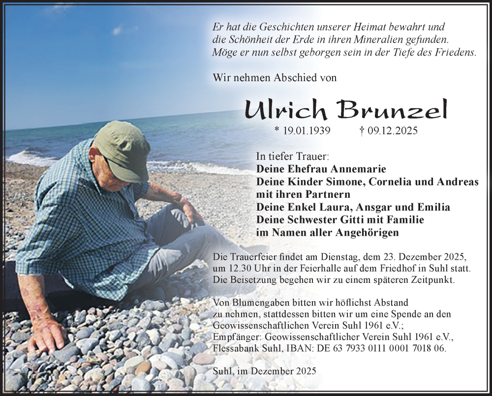  Traueranzeige für Ulrich Brunzel vom 13.12.2025 aus Südthüringer Presse