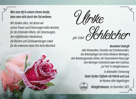 Traueranzeige von Ulrike Schleicher von Südthüringer Presse