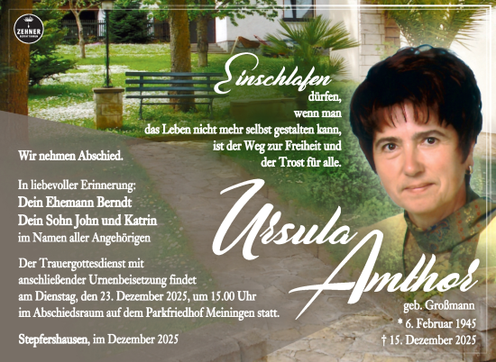 Traueranzeige von Ursula Amthor von Südthüringer Presse