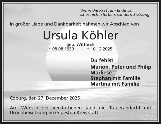 Traueranzeige von Ursula Köhler von Neue Presse Coburg