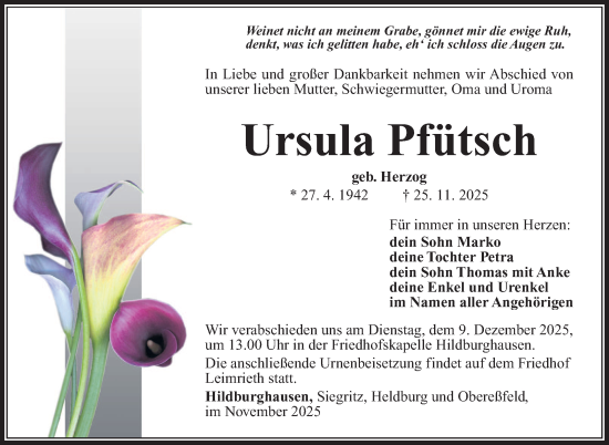 Traueranzeige von Ursula Pfütsch von Südthüringer Presse