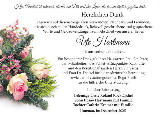 Traueranzeige von Ute Hartmann von Südthüringer Presse