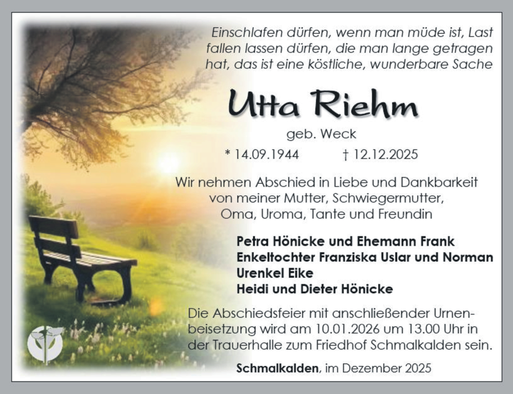  Traueranzeige für Utta Riehm vom 27.12.2025 aus Südthüringer Presse