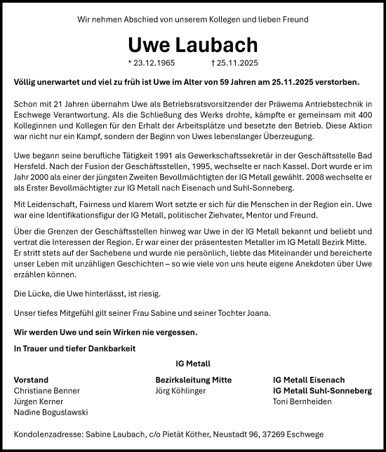 Traueranzeige von Uwe Laubach von Südthüringer Presse