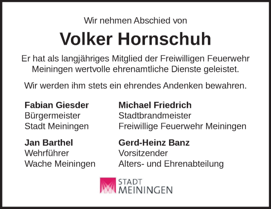 Traueranzeige von Volker Hornschuh von Südthüringer Presse