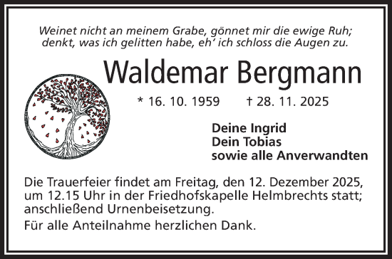 Traueranzeige von Waldemar Bergmann von Frankenpost