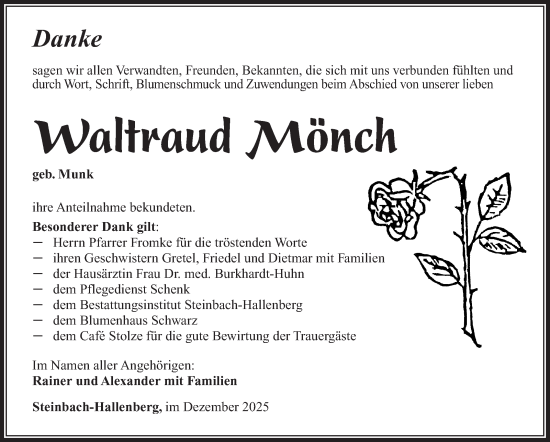 Traueranzeige von Waltraud Mönch von Südthüringer Presse