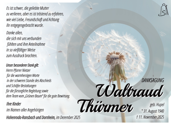 Traueranzeige von Waltraud Thürmer von Südthüringer Presse