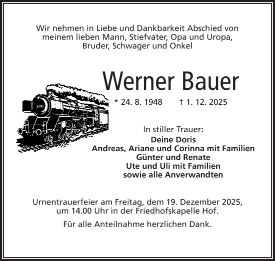 Traueranzeige von Werner Bauer von Frankenpost