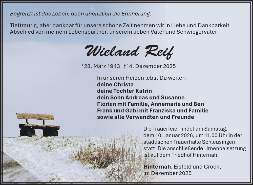  Traueranzeige für Wieland Reif vom 20.12.2025 aus Südthüringer Presse