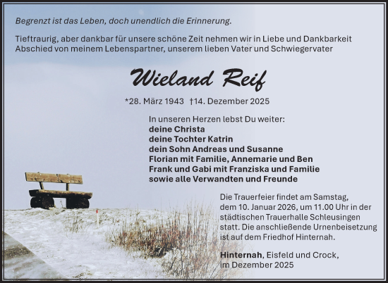 Traueranzeige von Wieland Reif von Südthüringer Presse