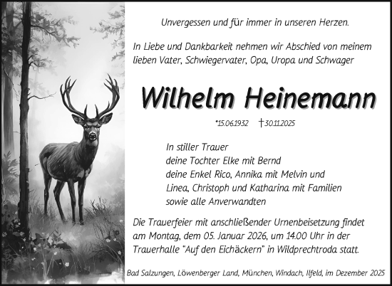 Traueranzeige von Wilhelm Heinemann von Südthüringer Presse