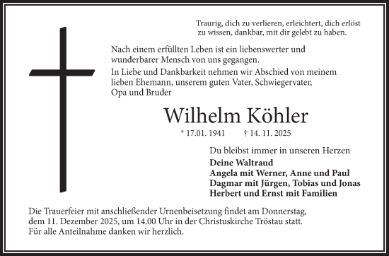 Traueranzeige von Wilhelm Köhler von Frankenpost