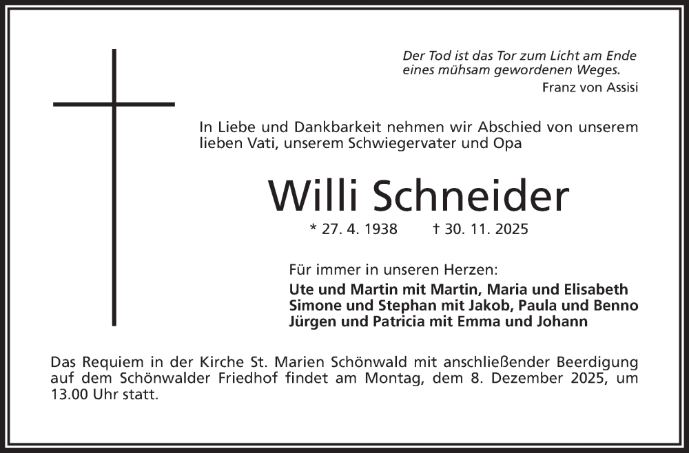  Traueranzeige für Willi Schneider vom 04.12.2025 aus Frankenpost