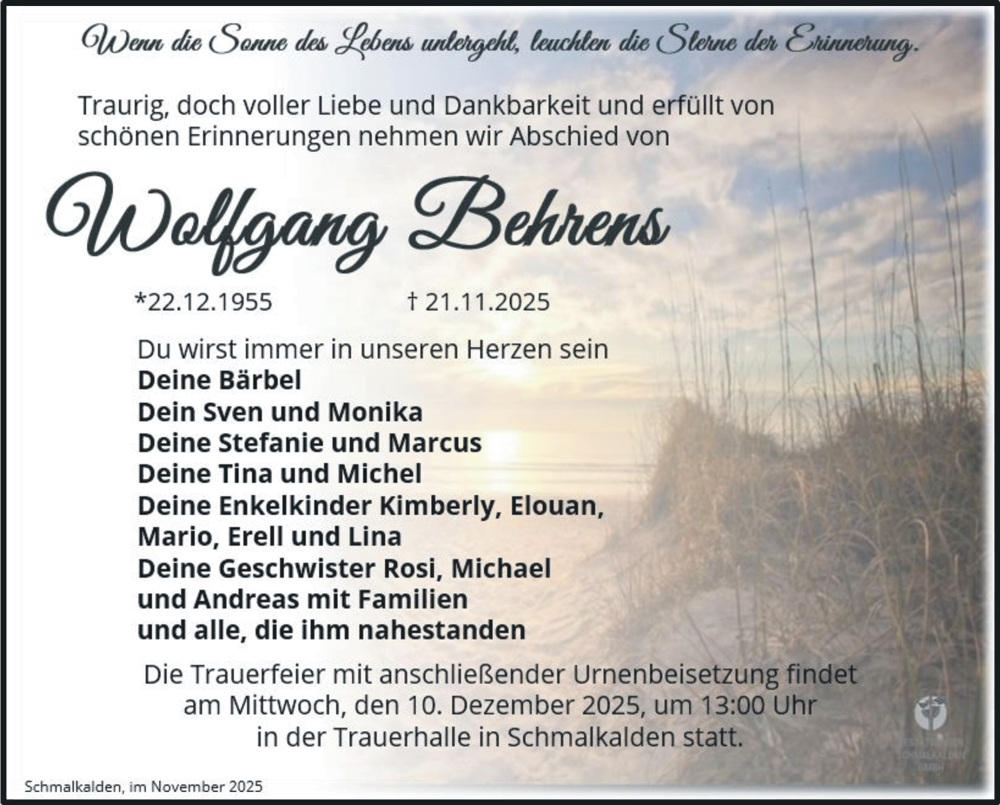  Traueranzeige für Wolfgang Behrens vom 06.12.2025 aus Südthüringer Presse