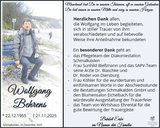 Traueranzeige von Wolfgang Behrens von Südthüringer Presse