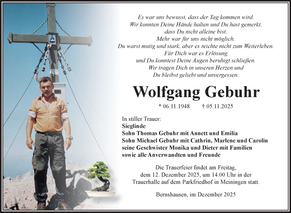  Traueranzeige für Wolfgang Gebuhr vom 06.12.2025 aus Südthüringer Presse