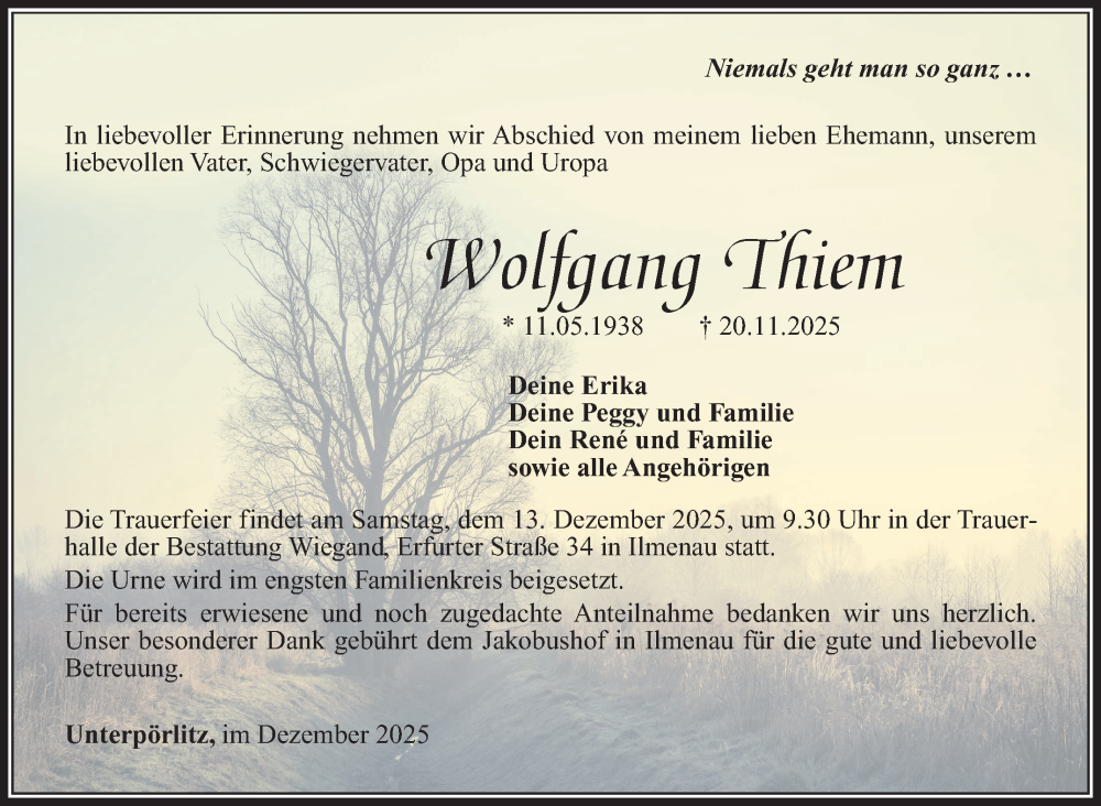  Traueranzeige für Wolfgang Thiem vom 06.12.2025 aus Südthüringer Presse