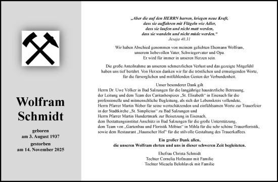 Traueranzeige von Wolfram Schmidt von Südthüringer Presse
